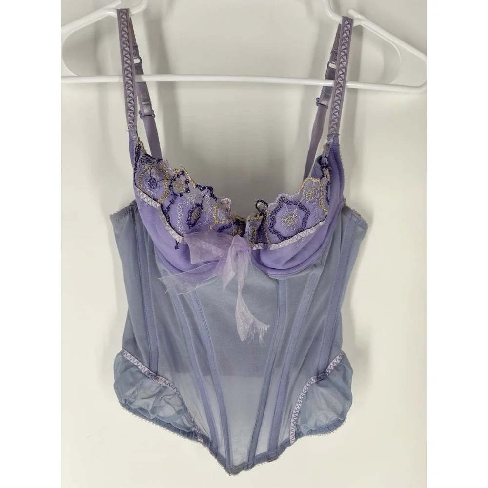 Y2K Lavender Lace Fairy Basque Waist Bustier Corset Sz 34B Sheer Mesh Romantic‎